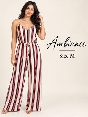 Ambiance Striped Wide Leg Jumpsuit Adjustable Straps casual coastal summer/M